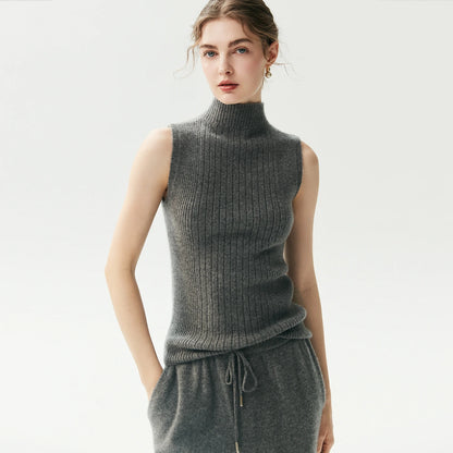 Pull sans manches col roulé en cachemire pour femme