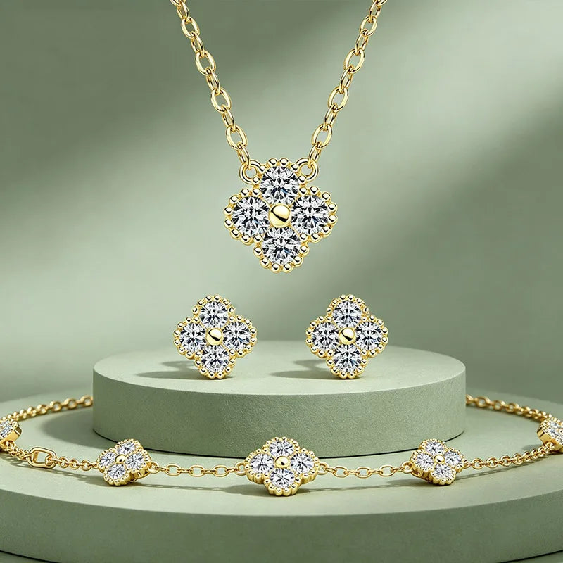 925 Sterling Silver Four-Leaf Moissanite Jewelry Set