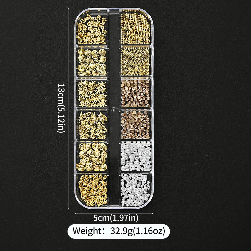 Ocean Gold Nail Art Charms – 12 Grids 3D Shell & Studs
