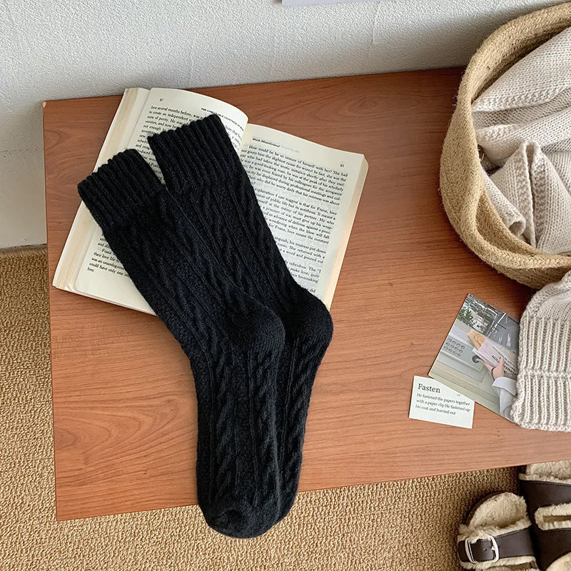 New Cashmere Wool Socks Women's Winter Thicken Warm Black White Pack Set Thermal Japanese Fashion Solid Color