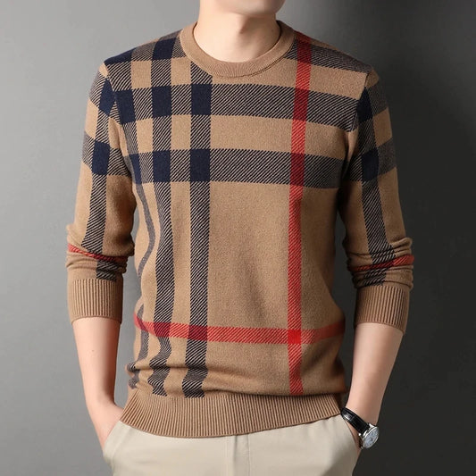 High Quality Luxury Men's Knitted Pullover Autumn Winter O-Neck Striped Wool Sweater British Casual Fashion Versatile Knitwear