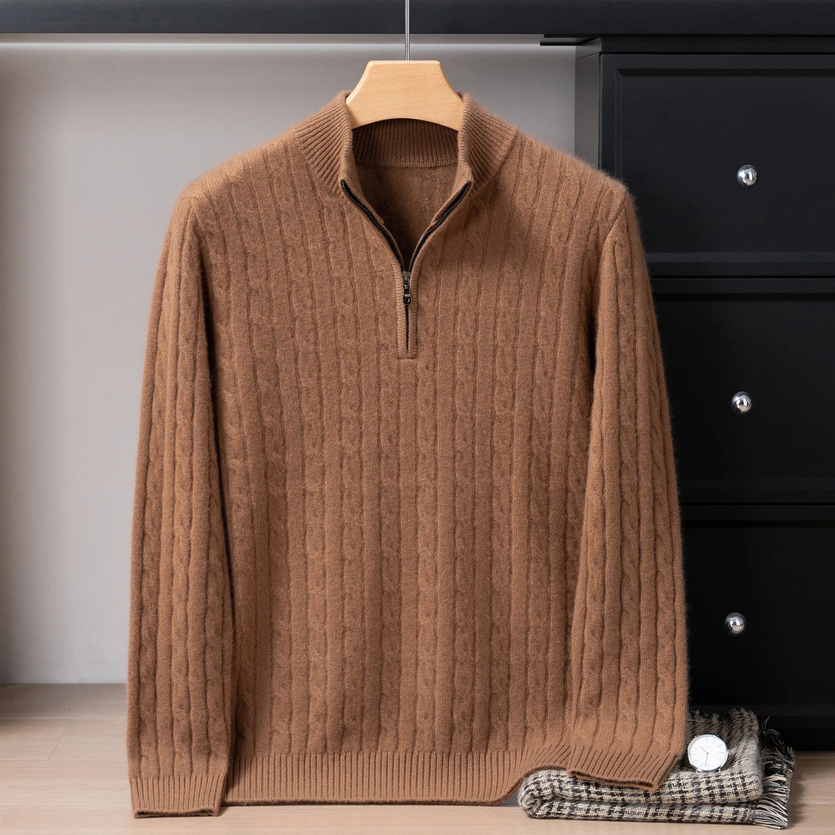 Pull col montant zippé en cachemire pour homme
