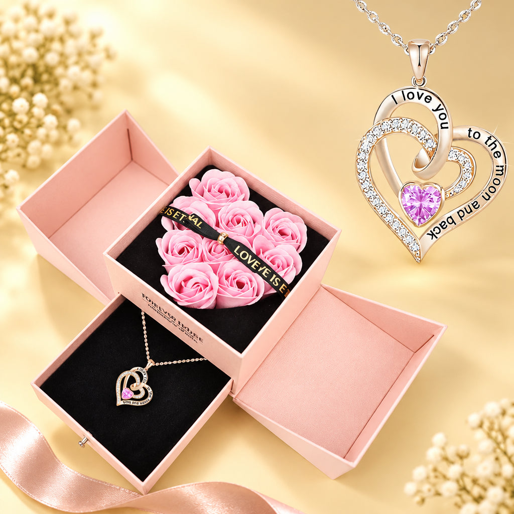 Heart Zircon Pendant Necklace with Rose Gift Box