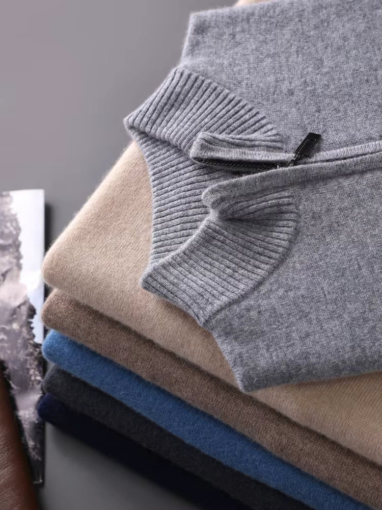 Men’s Cashmere Zipper Pullover – Mock Neck Knit