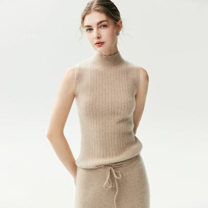 Pull sans manches col roulé en cachemire pour femme