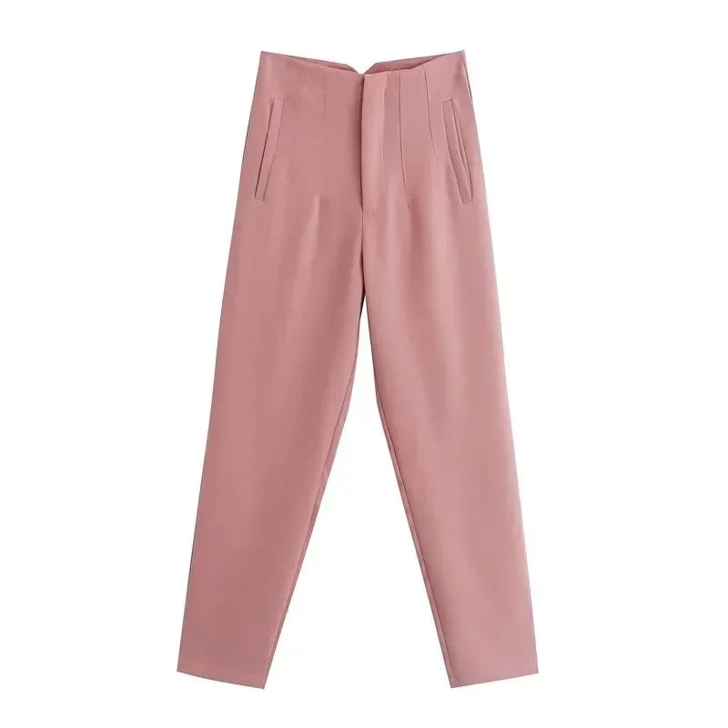 TRAF Fashion Office Wear High waist Pants for Women Formal Pants Office outfits Pencil Trousers Black Pink White Ladies Pants (Size M, S, XS.