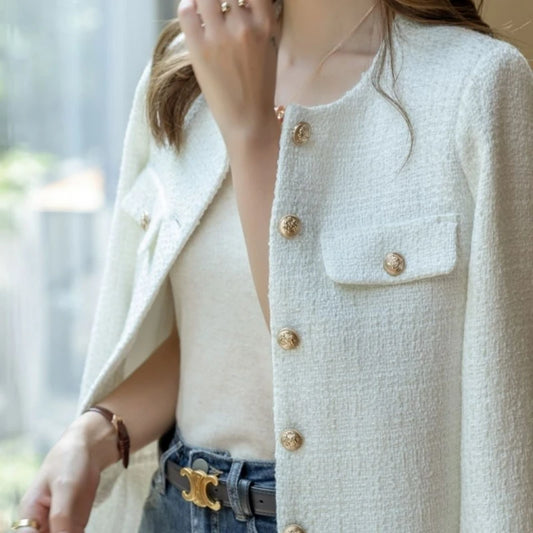 Korean Coats Women Jacket New French Wool Tweed Coat Fashion High-end Gold Button Short Slim Temperament