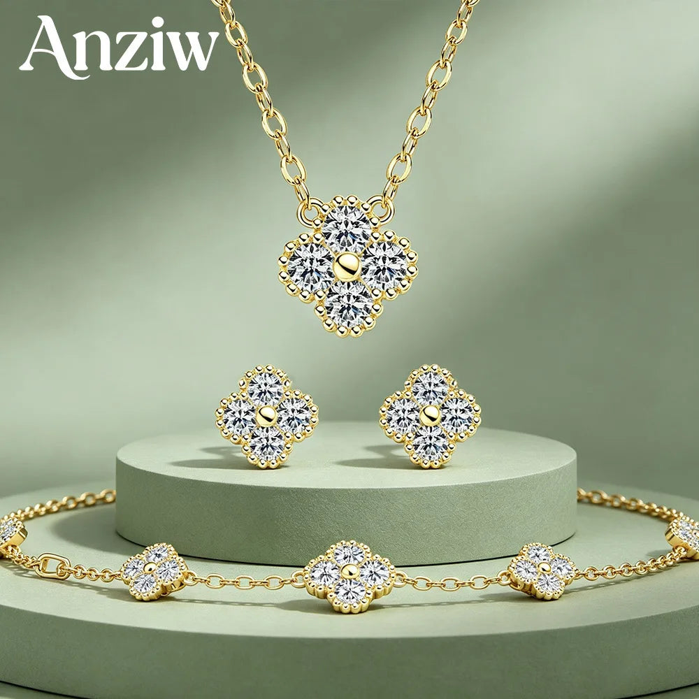925 Sterling Silver Four-Leaf Moissanite Jewelry Set