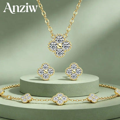 925 Sterling Silver Four-Leaf Moissanite Jewelry Set