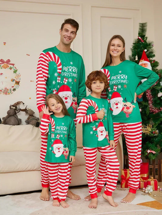 Merry Christmas Cartoon Striped Print Family Pajamas Set