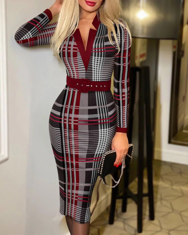 Sexy Geometric Pattern V-Neck Midi Pencil Dress with Belt - Long Sleeve Knit Bodycon for All Seasons