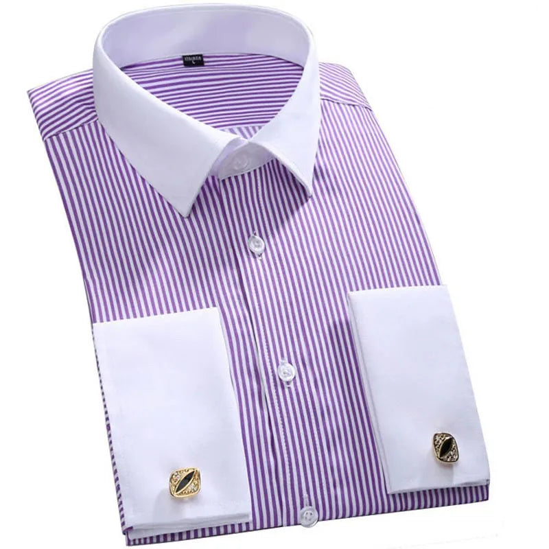 French Cuff Cufflinks Solid Color Long Sleeve Shirt Men