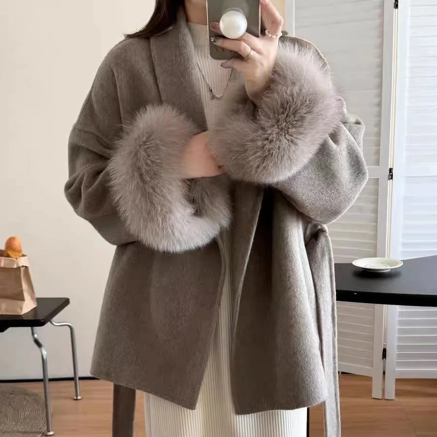 Short Lace-Up Cashmere Wool Coat