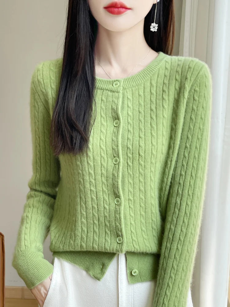 100% Merino Wool Sweater O-Neck Twisted Button Knitted Cardigan