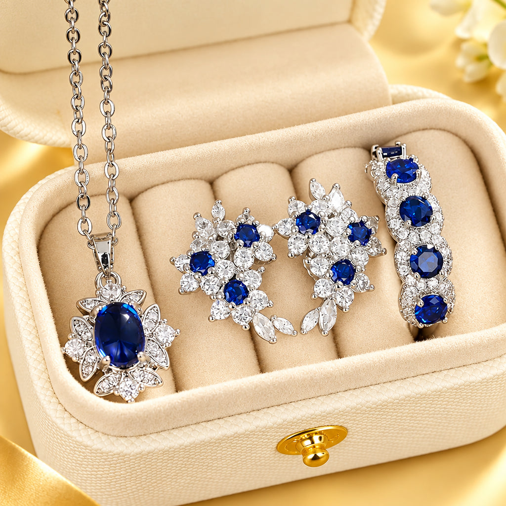 Royal Blue Crystal Jewelry Set: Necklace, Earrings & Ring