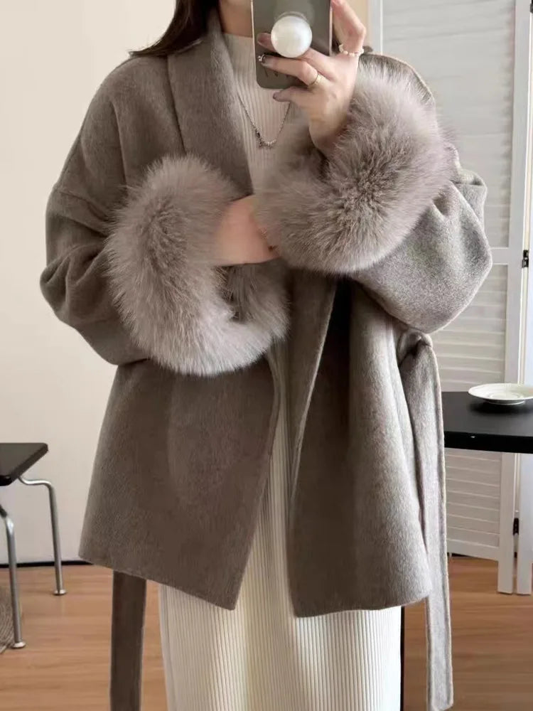 Short Lace-Up Cashmere Wool Coat