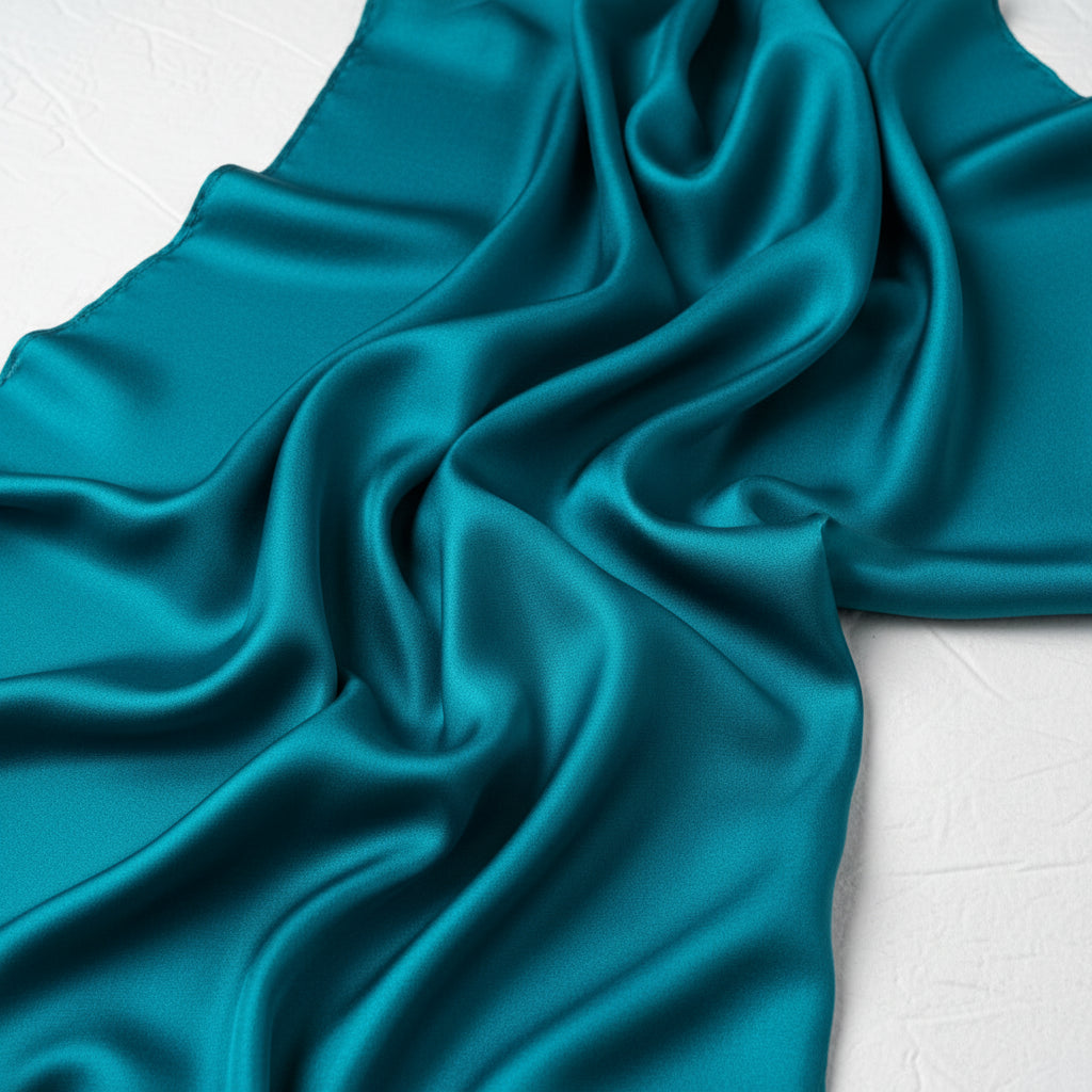 Teal satin pillow on a white background