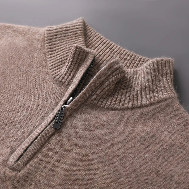 100% Goat Cashmere Men Mock-neck Sweater Zipper Pullovers