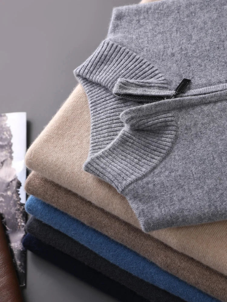 100% Goat Cashmere Men Mock-neck Sweater Zipper Pullovers