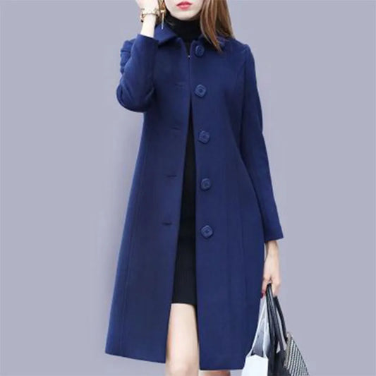 New Fashion British Solid Button Wool Coat Women