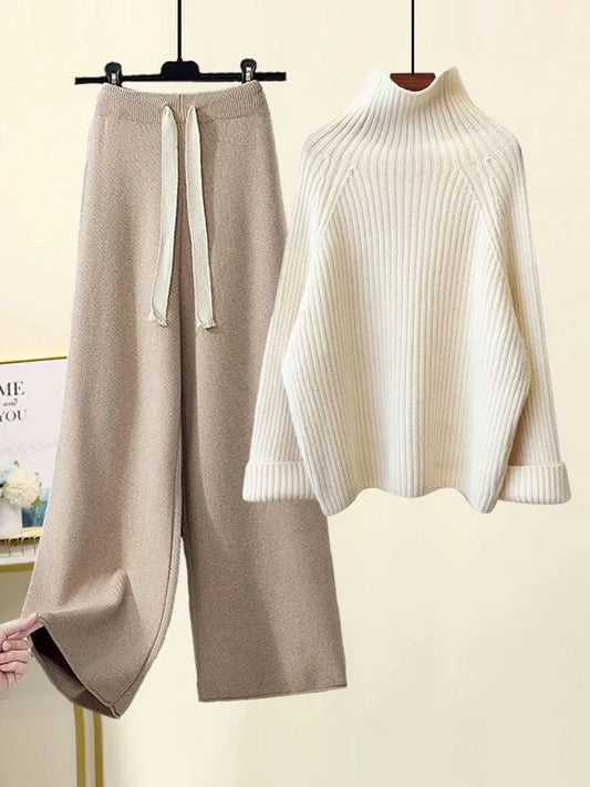 Winter Warm Women's Knitwear Set - Turtleneck Pullover Sweater & High-Waist Wide-Leg Drawstring Pants