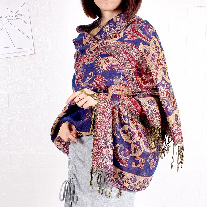 Paisley Pashmina Shawl Jacquard Flowers Borders Female Tassel Blanket Wraps Ethnic Shawls