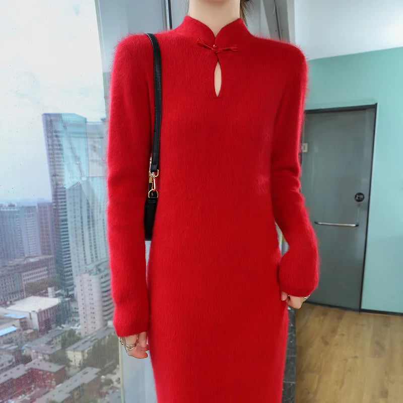 100% Cashmere Dress Women's Stand up collar Pullover Long Skirt Slim Fit Fashion