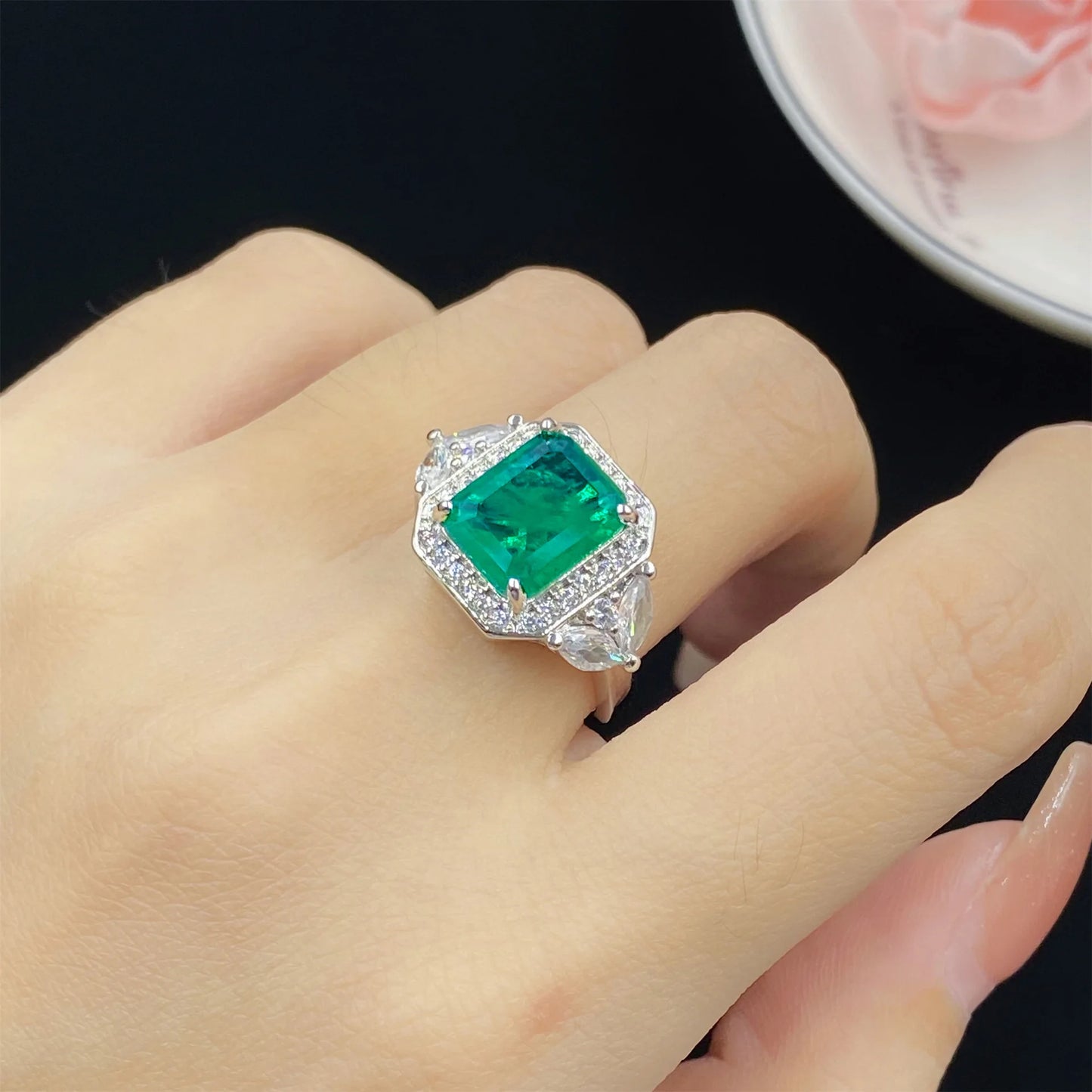 Simulation emerald tourmaline full diamond luxury princess square opening ring pendant earrings bracelet set