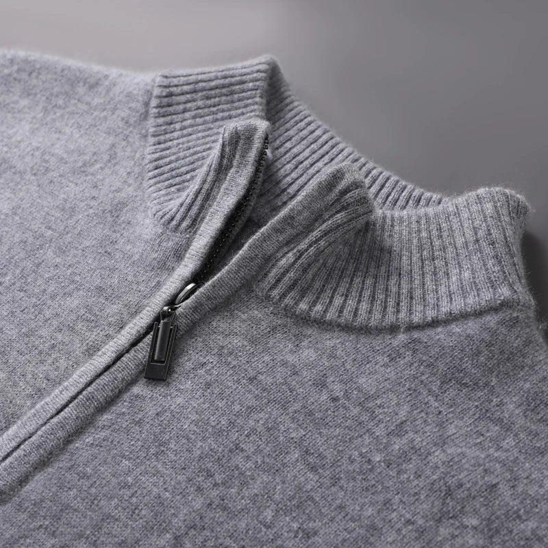 100% Goat Cashmere Men Mock-neck Sweater Zipper Pullovers