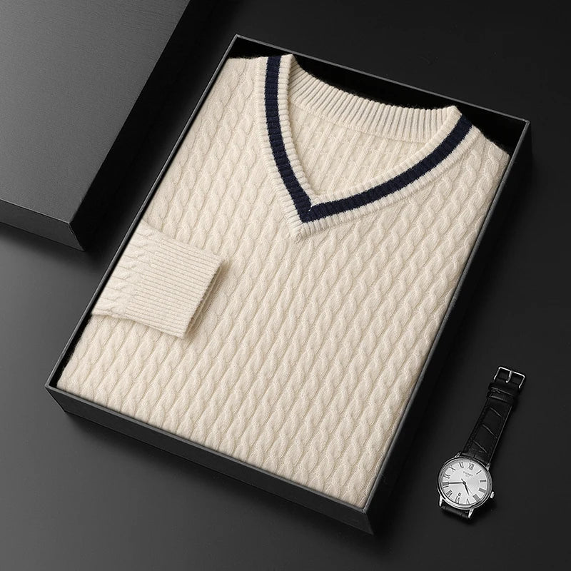 Pull col V en cachemire pour homme – Maille contrastée