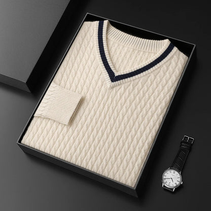 Pull col V en cachemire pour homme – Maille contrastée