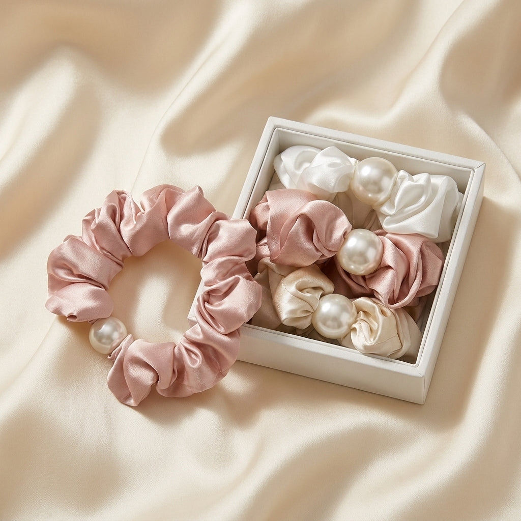 Seiden-Scrunchie 22 Momme – Rosa, Weiss & Roségold