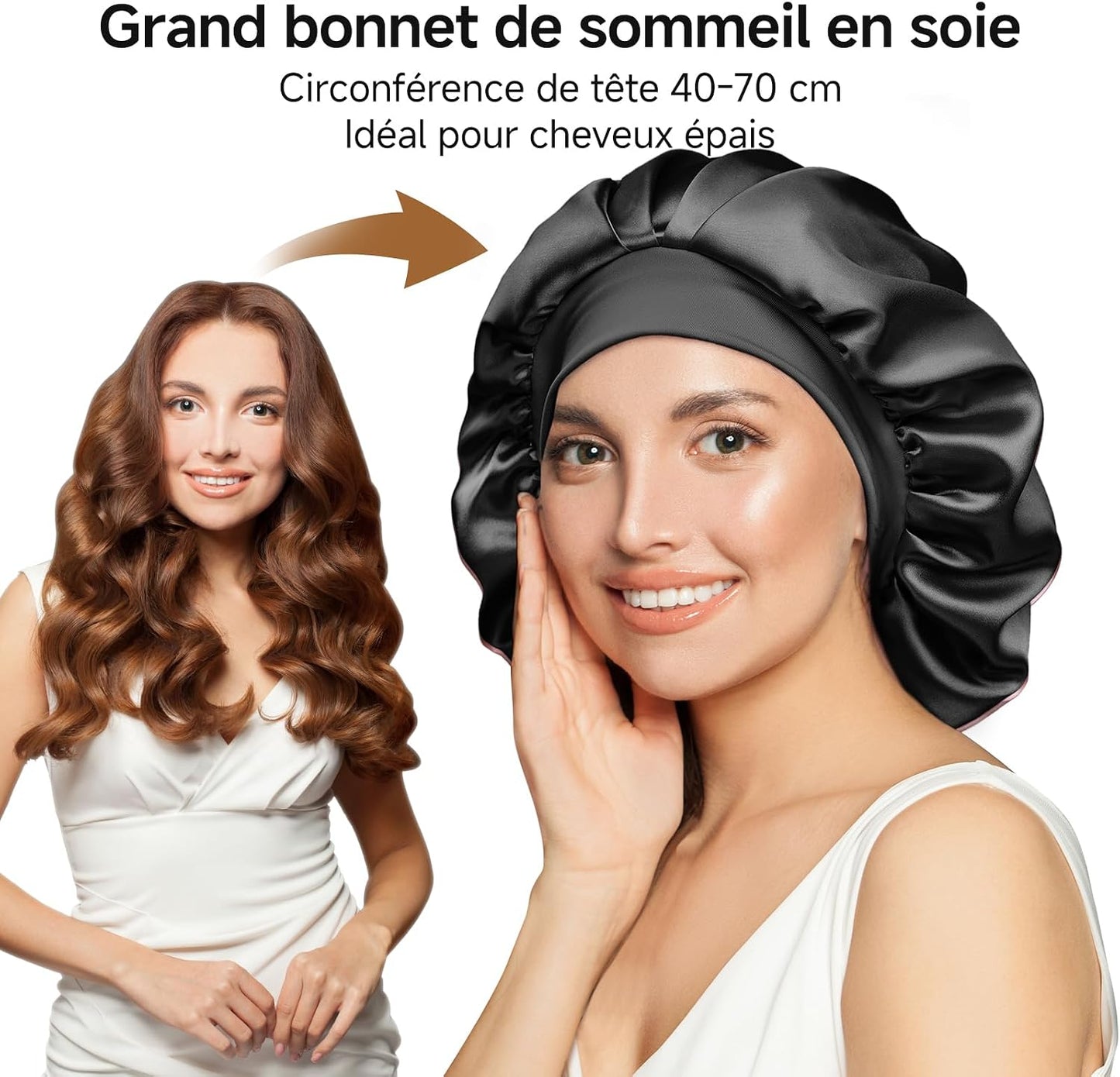 Bonnet Soie Cheveux Nuit 22 Momme, Doublure Soie De Mûrier, Doux | 100 % Soie 6A, Double Couche, Grande Taille Pour Cheveux Longs Ou Bouclés, Bande Large Réglable, Antiglisse, Noir+Violet