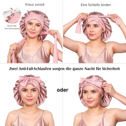 100% 22 Momme De Mûrier Bonnet Soie Cheveux Nuit Pour Dormir, Rose | Bonnet De Nuit Doux En Soie Double Couche Pour Cheveux Frisés, Respirant, Large Bande Ajustable Pour Attacher À La Tête