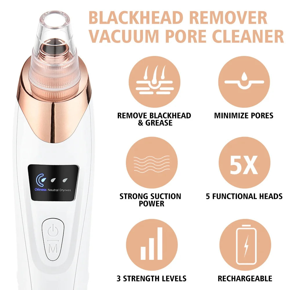 Blackhead Remover Vacuum - Facial Pore Cleaner with 5 Attachments, Electric USB Pore Vacuum
