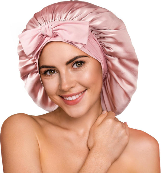 100% 22 Momme De Mûrier Bonnet Soie Cheveux Nuit Pour Dormir, Rose | Bonnet De Nuit Doux En Soie Double Couche Pour Cheveux Frisés, Respirant, Large Bande Ajustable Pour Attacher À La Tête