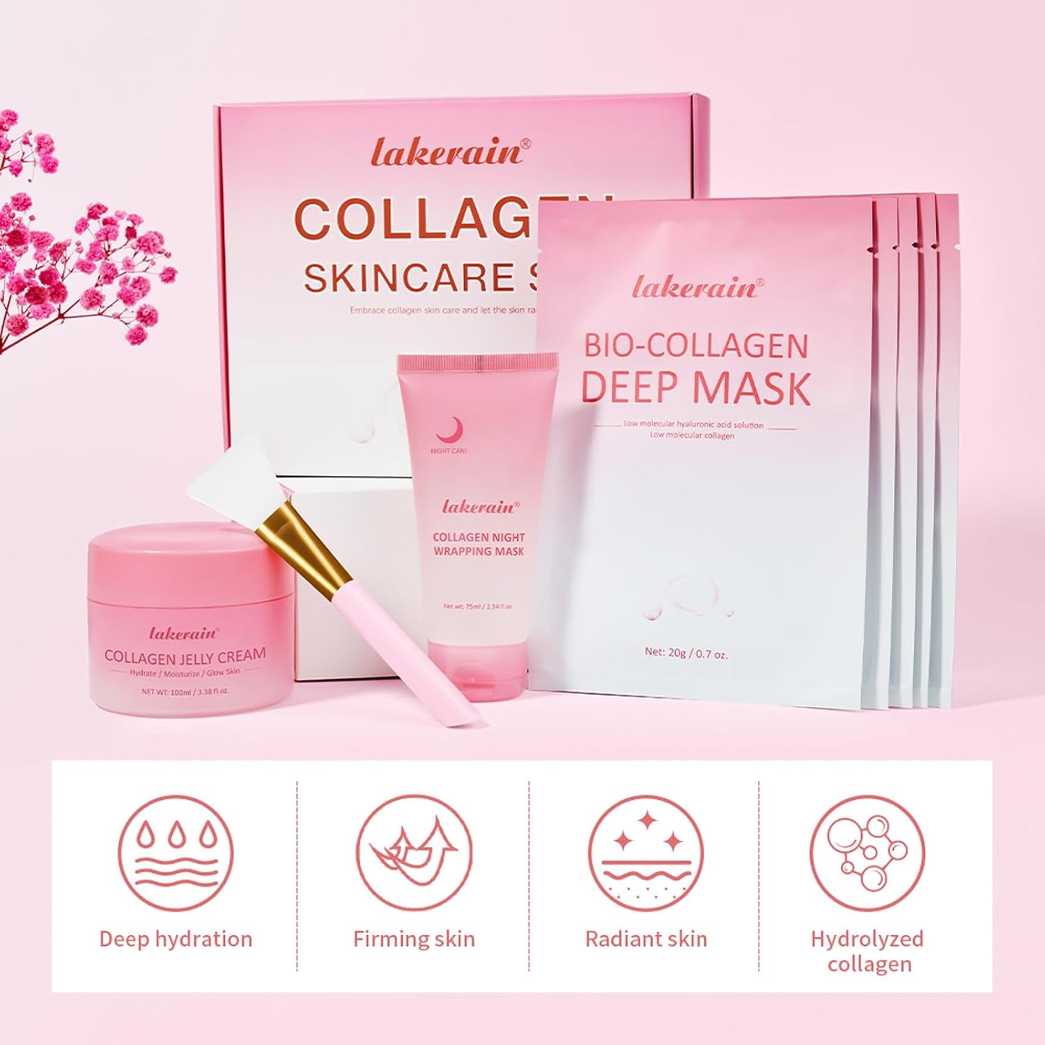 Collagen Skincare Set, 5 Pcs Bio-Collagen Deep Hydrating Mask & Night Wrapping Peel off Facial Mask and Jelly Cream, for Firming & Glowing Skin