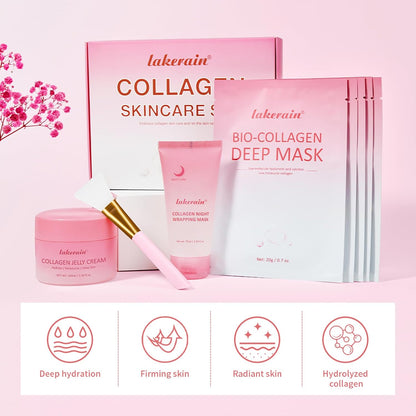 Collagen Skincare Set, 5 Pcs Bio-Collagen Deep Hydrating Mask & Night Wrapping Peel off Facial Mask and Jelly Cream, for Firming & Glowing Skin