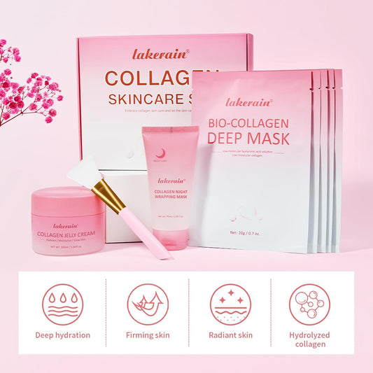 Collagen Skincare Set, 5 Pcs Bio-Collagen Deep Hydrating Mask & Night Wrapping Peel off Facial Mask and Jelly Cream, for Firming & Glowing Skin