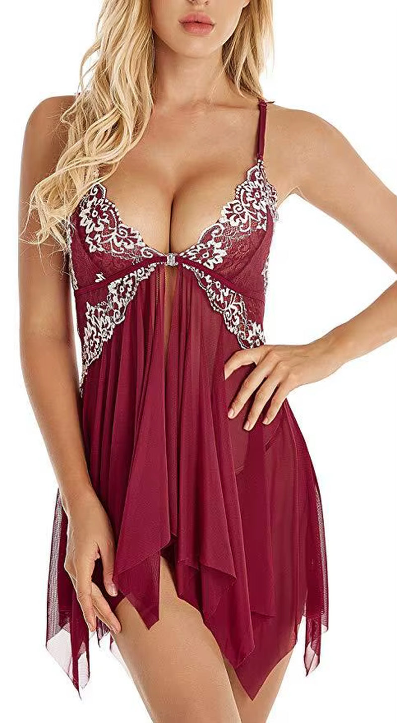 Underwear Women Sexy Lingerie Erotic Dress See-Through Lace Pajamas Sleepwear Nightdress + Thong Sexy Costumes Sex Dress