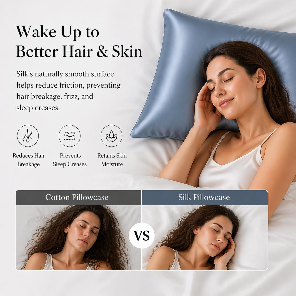 100% Mulberry Silk Pillowcase for Hair and Skin, USA, Real 22 Momme Silk Pillow Cases Queen, Not Satin Pillowcase, anti Acne,Zipper Closure, 1 Pc 20"X30" (Queen, Blue Grey)