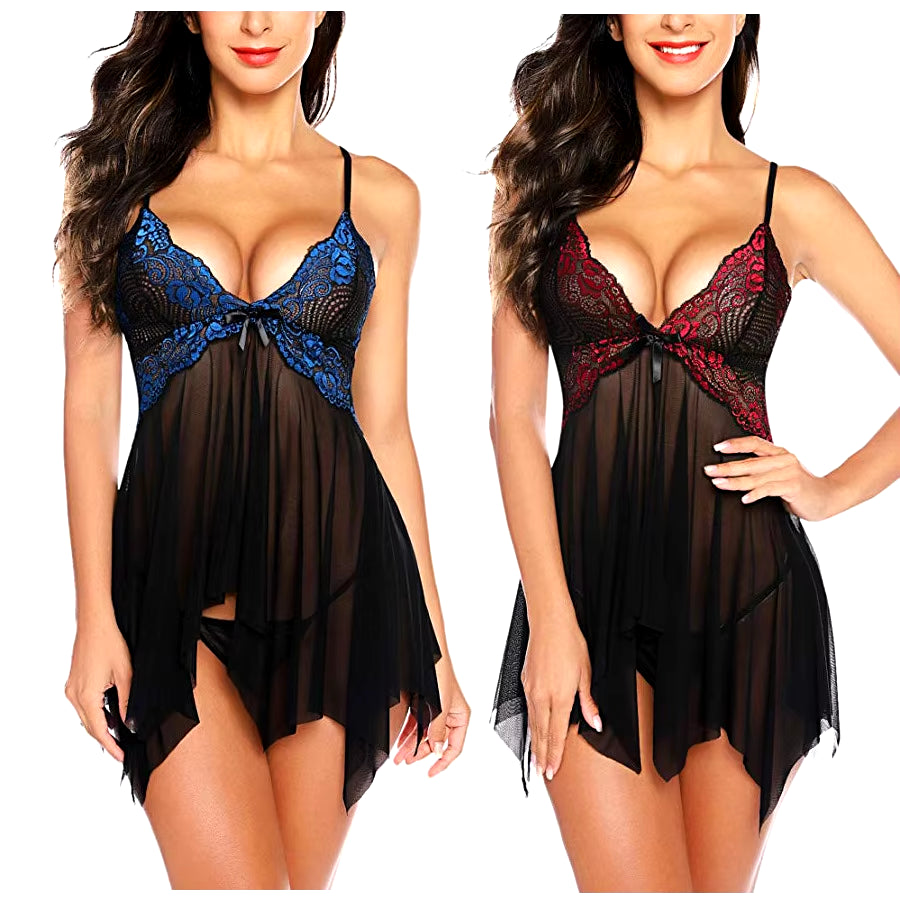 Underwear Women Sexy Lingerie Erotic Dress See-Through Lace Pajamas Sleepwear Nightdress + Thong Sexy Costumes Sex Dress